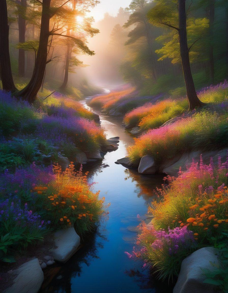 A mesmerizing landscape featuring a winding river that twists through a lush forest, with sunlight creating playful shadows. Include unusual rock formations and vibrant wildflowers in unexpected colors scattered along the riverbank. Add a mysterious mist rising from the water, inviting exploration. The sky is painted with a gradient of exotic hues, suggesting dawn. surreal. vibrant colors. 3D.