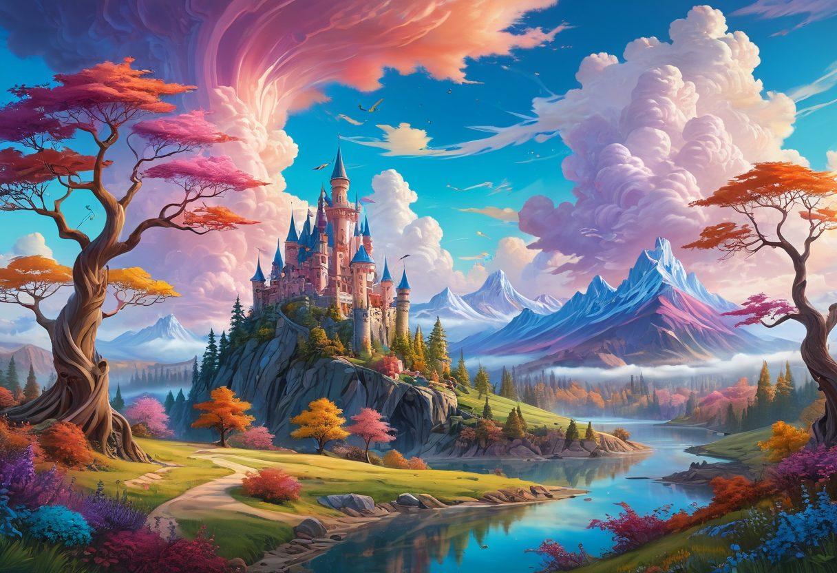 A fantastical landscape filled with beautifully twisted curves and whimsical designs, showcasing vibrant, colorful trees with spiraling trunks, rivers that twist and turn like ribbons, and playful, cartoon-like creatures dancing among the scenery. The sky is a gradient of pastel colors with fluffy, surreal clouds. Add a whimsical castle in the background with curvy architecture. super-realistic. vibrant colors. fantasy art.